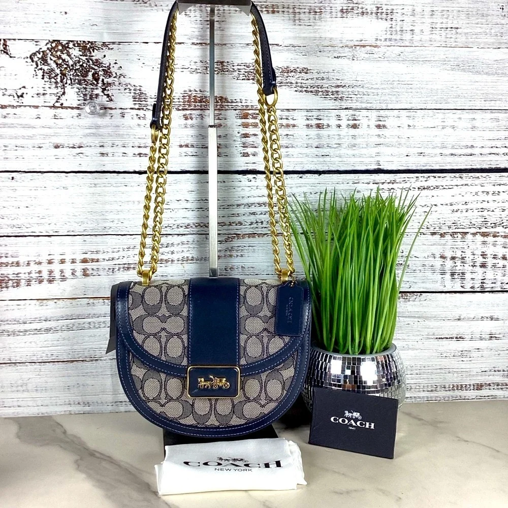 Coach Alie Saddle Crossbody Bag Navy Blue and Gold‎ Signature Jacquard Purse - Picture 3 of 14